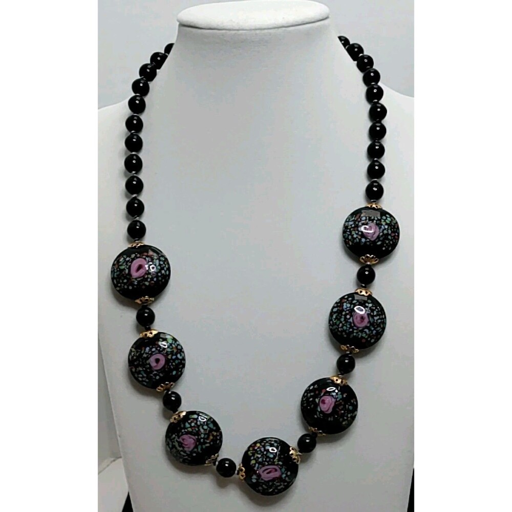 Italian Murano Glass Beaded Necklace With Locking Hook Closer 18" Long